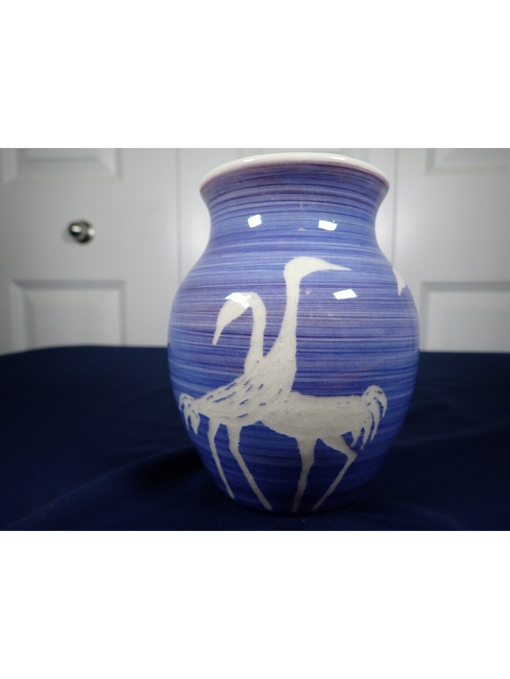 Handmade Blue Ceramic Vase – White Crane Design – Studio Pottery 5.5″